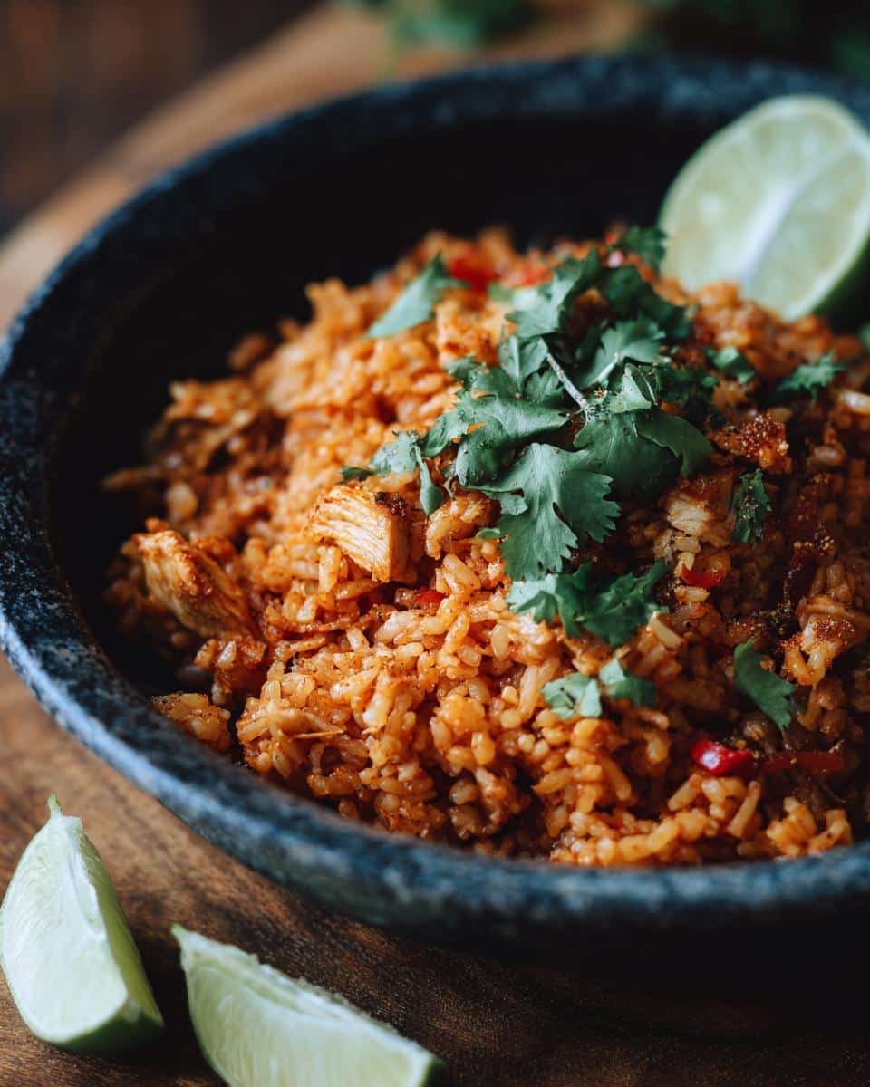Dump Your Worries: 30-Minute Rice Bowls Chicken Mexican 8 Close-up of a Mexican rice bowls chicken dish garnished with cilantro and lime wedges.
