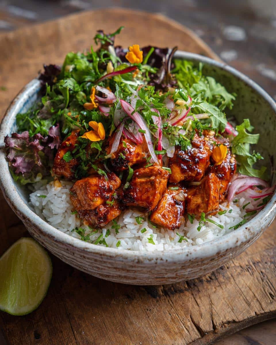 Dump Your Worries: 30-Minute Rice Bowls Chicken Mexican 9 Close-up of a Mexican rice bowls chicken featuring glazed chicken, rice, and fresh greens.