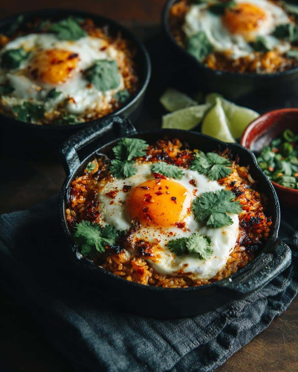 Dump Your Worries: 30-Minute Rice Bowls Chicken Mexican 7 Three Mexican rice bowls chicken, each topped with a fried egg and cilantro in a cast iron bowl.