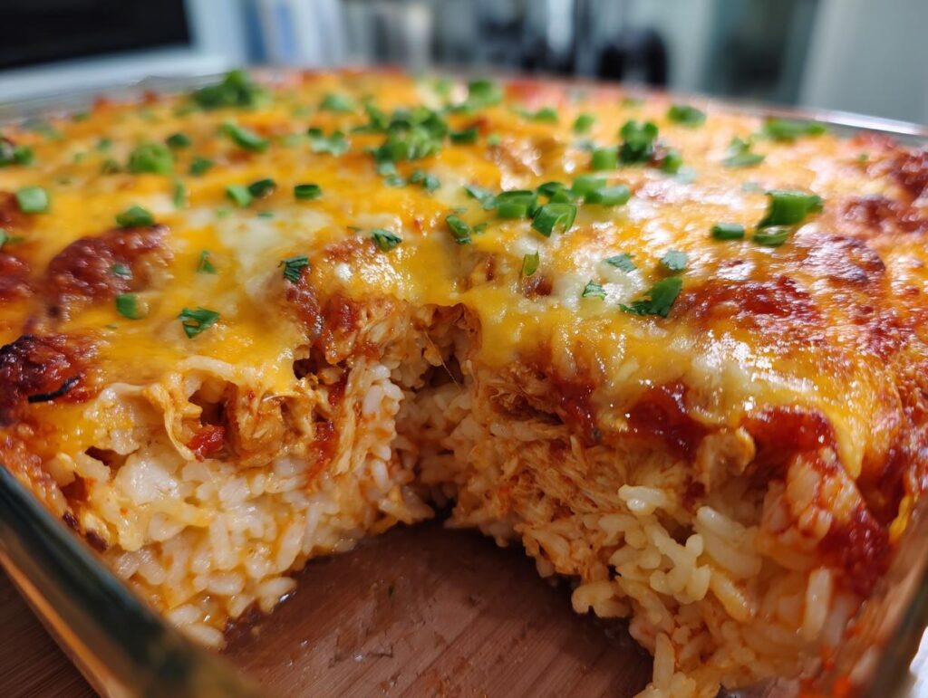 Close-up of a cheesy Mexican rice chicken bake in a glass dish, garnished with green onions.