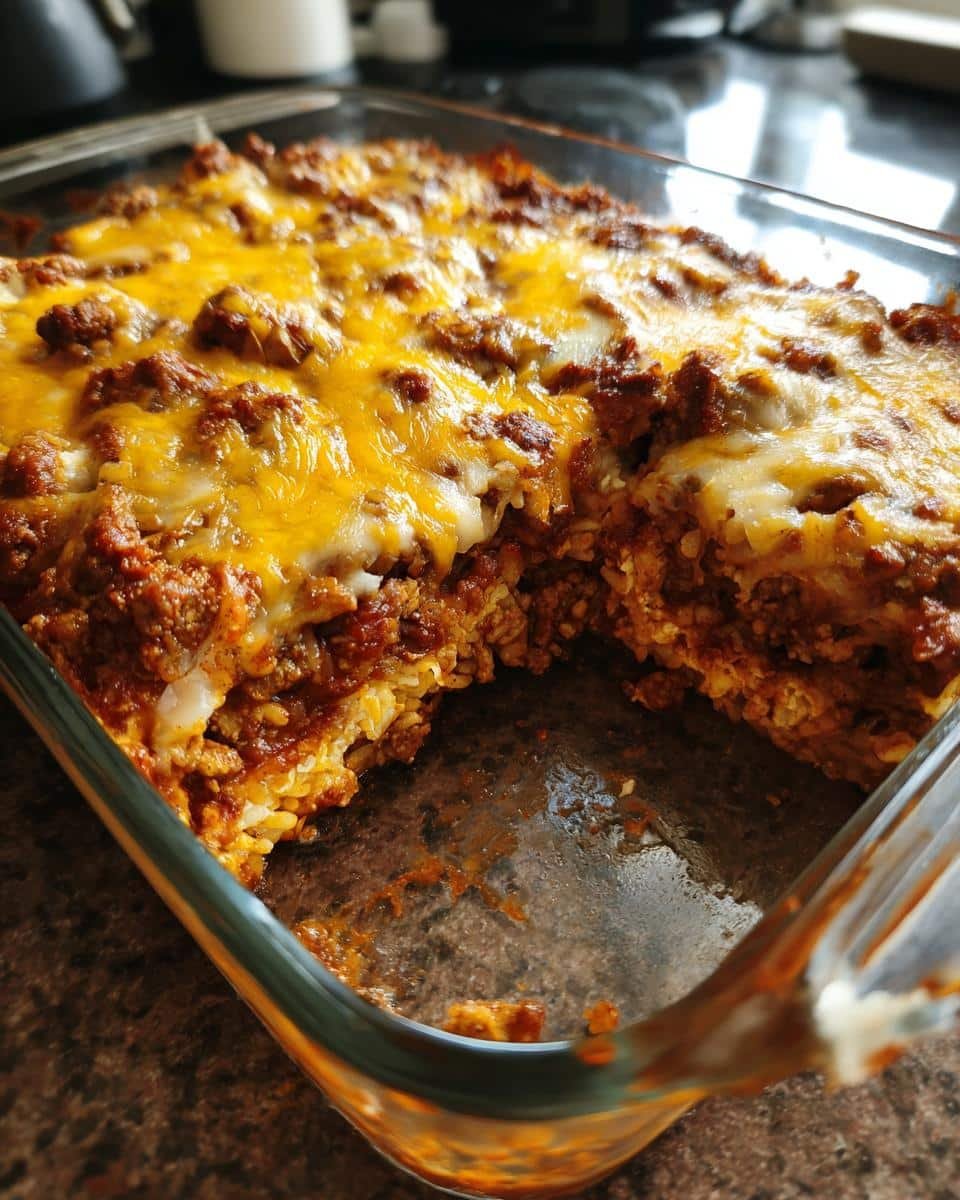 Mexican Rice Chicken Bake: 20 Minute Dinner Win 6 A delicious Mexican rice chicken bake in a glass dish, topped with melted cheese and savory ingredients.