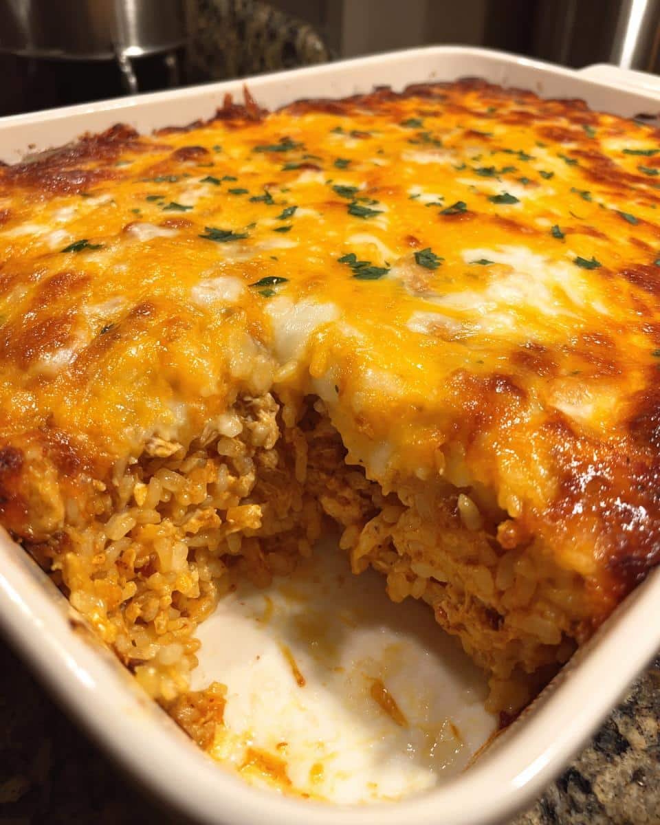 Mexican Rice Chicken Bake: 20 Minute Dinner Win 9 Close-up of a delicious Mexican rice chicken bake in a white baking dish, topped with melted cheese and parsley.