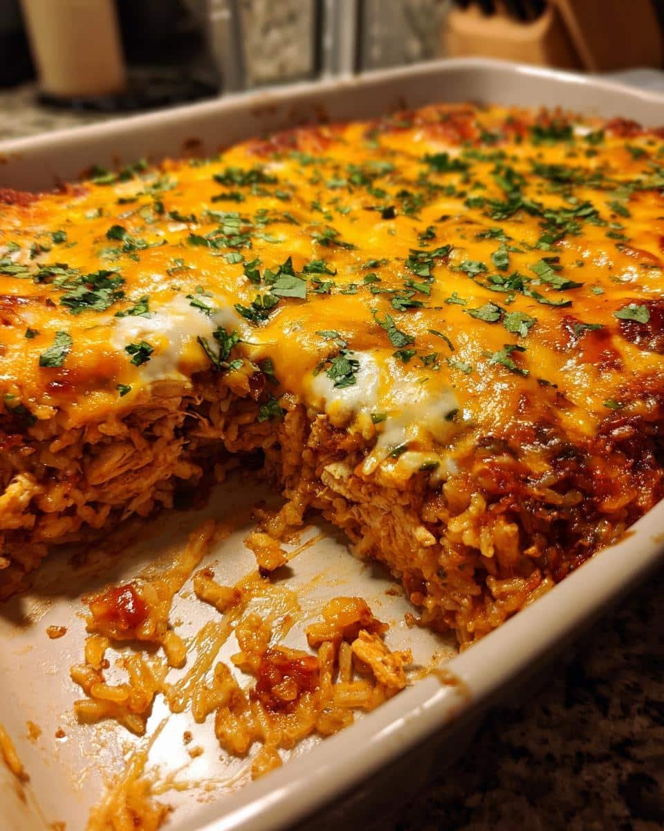 Mexican Rice Chicken Bake: 20 Minute Dinner Win 8 Close-up of Mexican rice chicken bake in a baking dish, topped with melted cheese and cilantro.