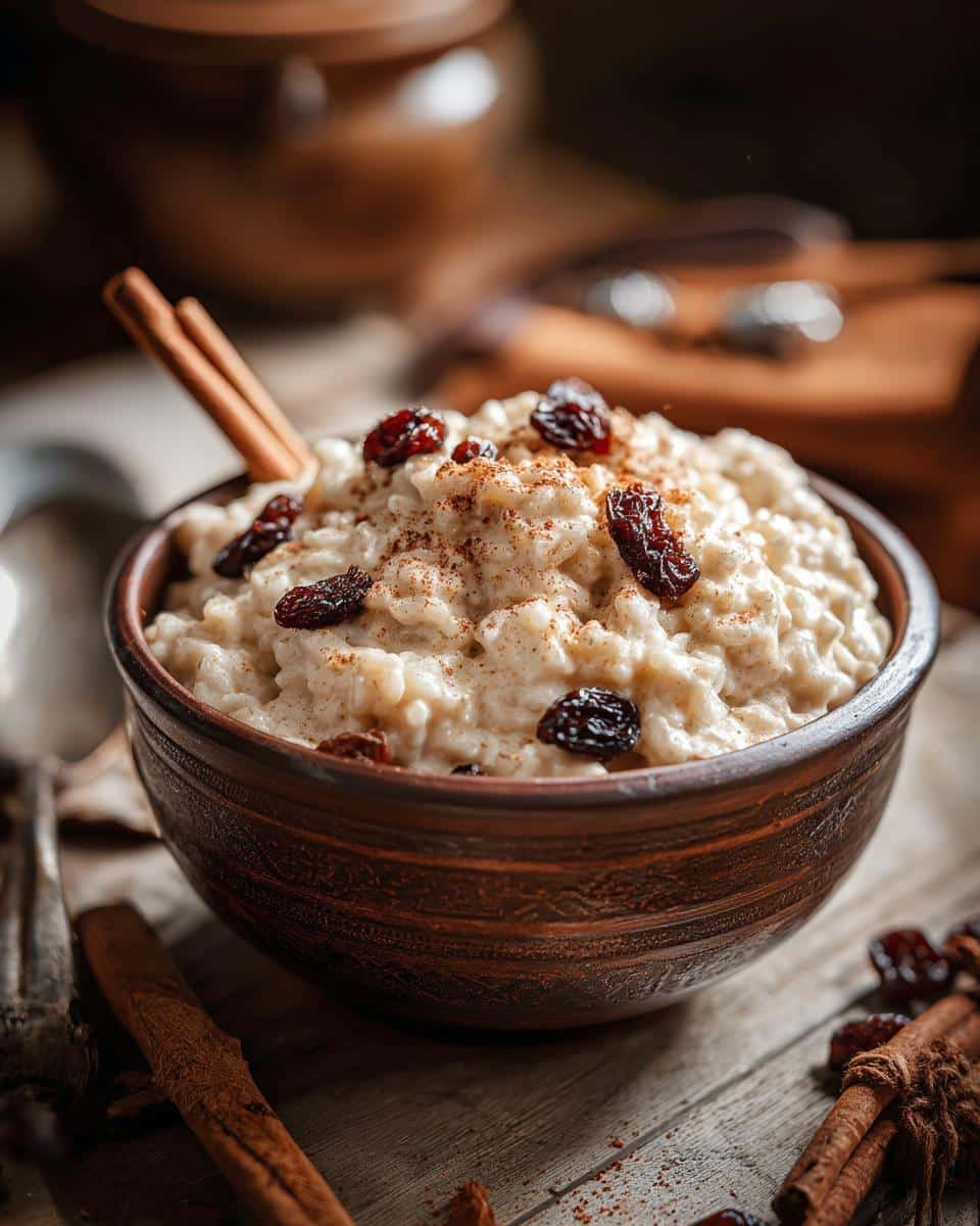 Mexican Rice Pudding Recipe: Deliciously Creamy 7 Bowl of creamy Mexican rice pudding recipe, garnished with raisins and cinnamon sticks on a rustic wooden surface.