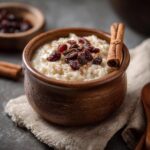 A bowl of creamy Mexican rice pudding recipe, topped with raisins and cinnamon, and garnished with a cinnamon stick.