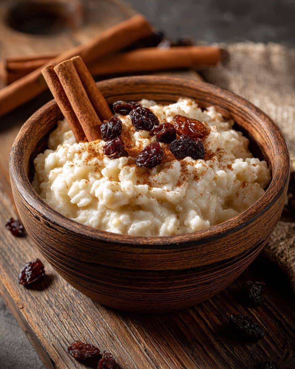 Mexican Rice Pudding Recipe: Deliciously Creamy 8 A wooden bowl filled with creamy Mexican rice pudding recipe, topped with raisins and cinnamon, with cinnamon sticks.