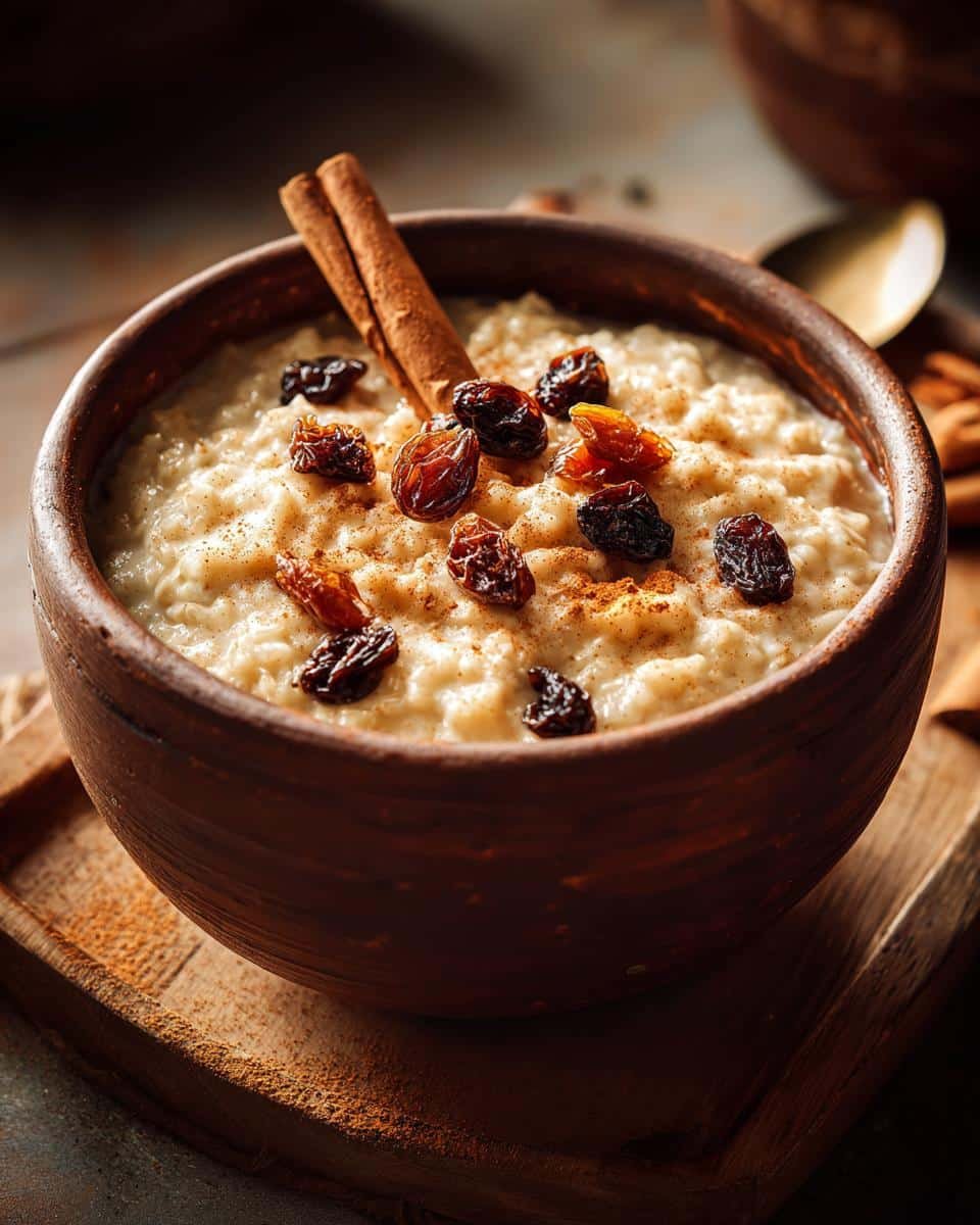 Mexican Rice Pudding Recipe: Deliciously Creamy 9 Bowl of creamy Mexican rice pudding recipe, garnished with raisins and a cinnamon stick.