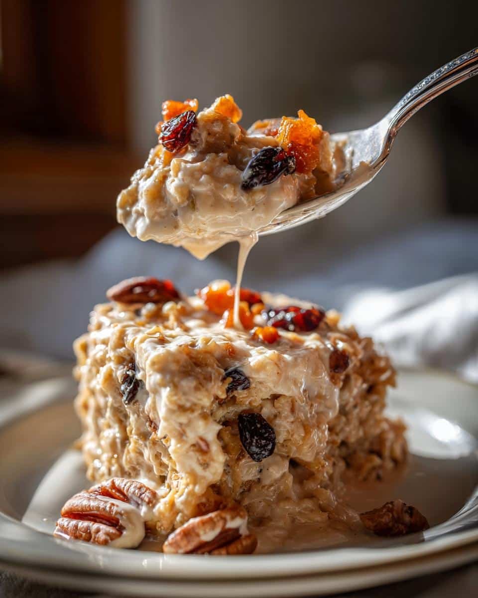 Failproof Mexican Rice Pudding Crockpot Recipe 7 Close-up of Mexican rice pudding crockpot dessert with raisins, pecans, and a creamy sauce.
