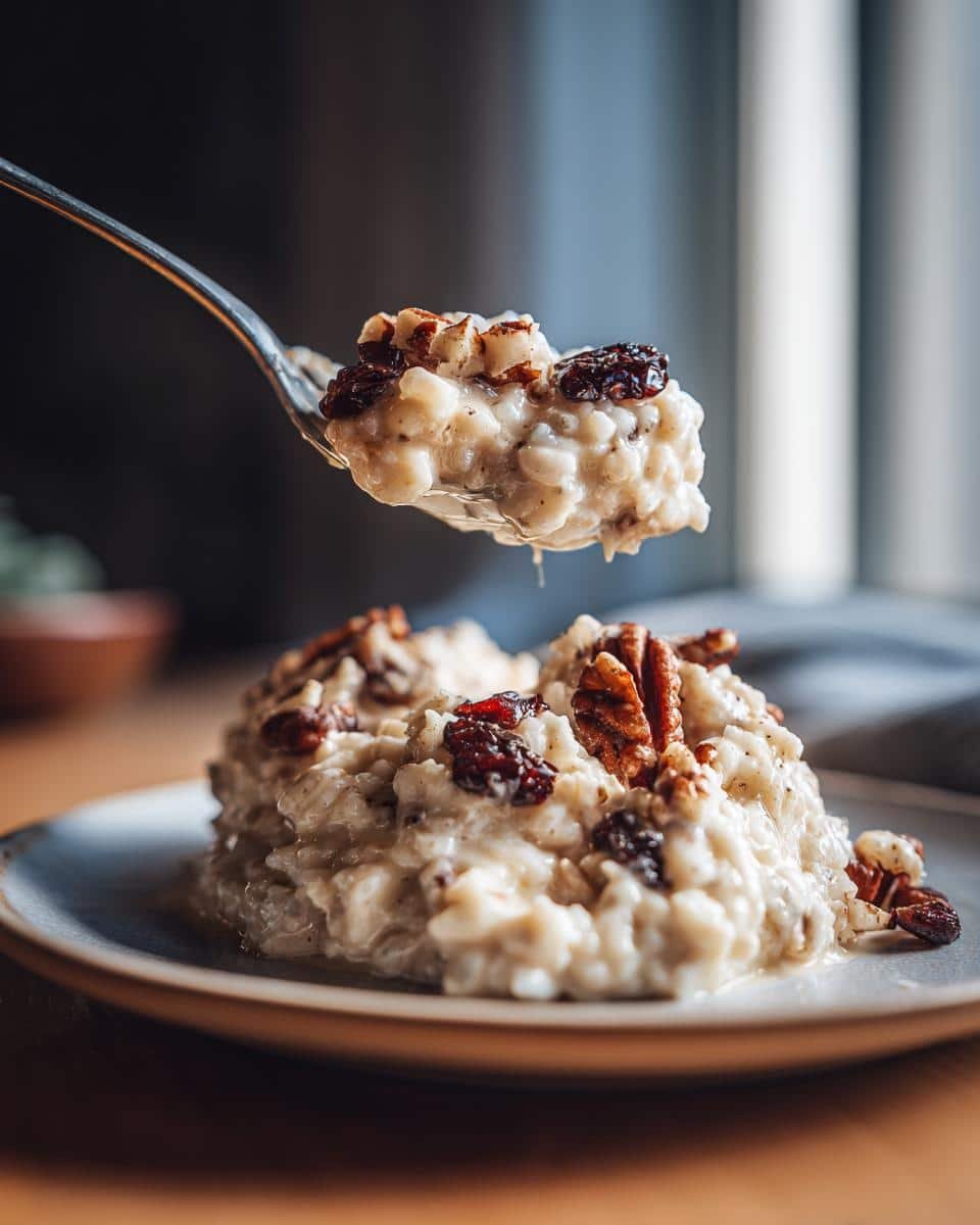 Failproof Mexican Rice Pudding Crockpot Recipe 8 Spoonful of Mexican rice pudding crockpot, topped with pecans and raisins, over a serving on a plate.