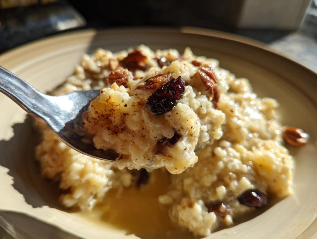A spoonful of creamy Mexican rice pudding crockpot, topped with raisins and nuts, ready to be enjoyed.