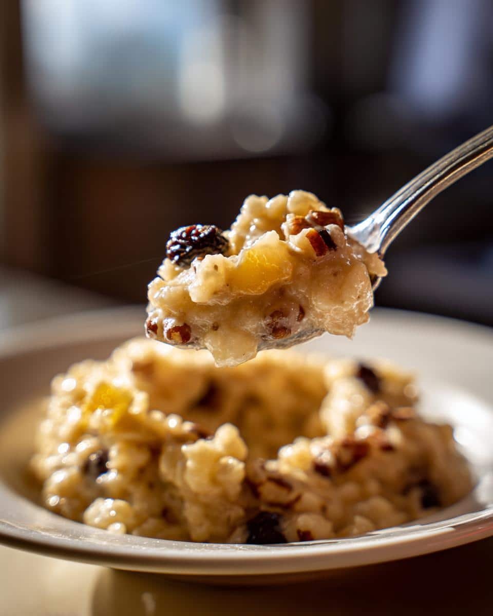 Failproof Mexican Rice Pudding Crockpot Recipe 6 Spoonful of creamy Mexican rice pudding crockpot with raisins and nuts, ready to eat.