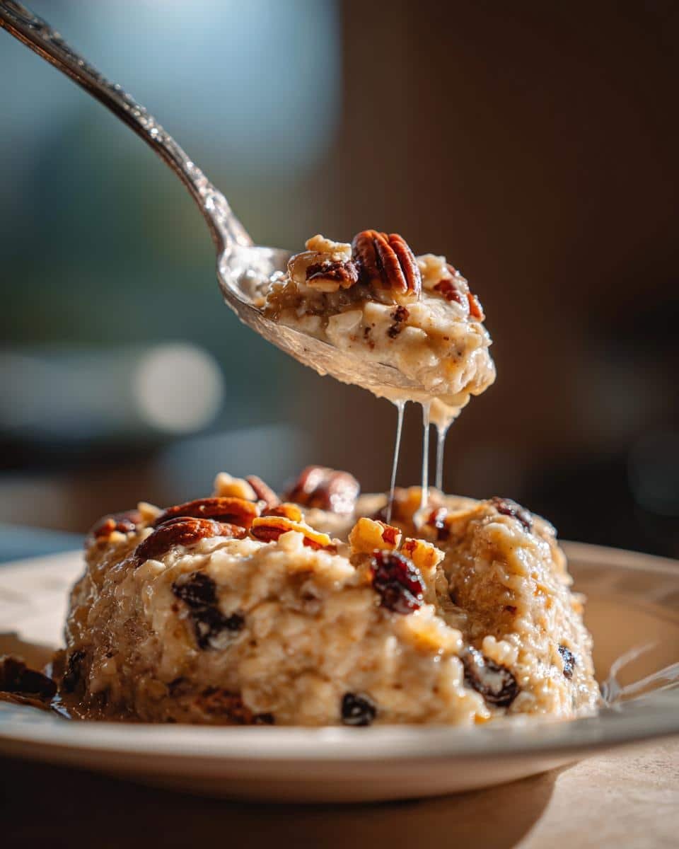 Failproof Mexican Rice Pudding Crockpot Recipe 9 Spoonful of Mexican rice pudding crockpot with pecans and raisins, dripping with sweet sauce.