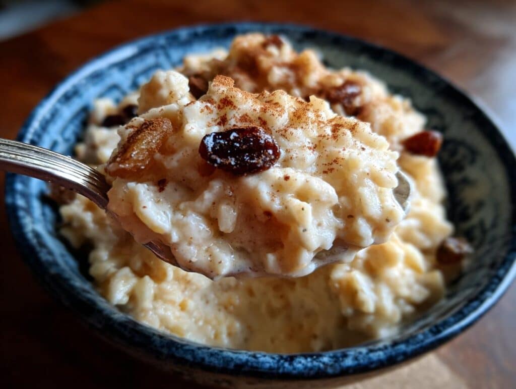 Spoonful of creamy Mexican rice pudding recipe crockpot with raisins and cinnamon, ready to eat.
