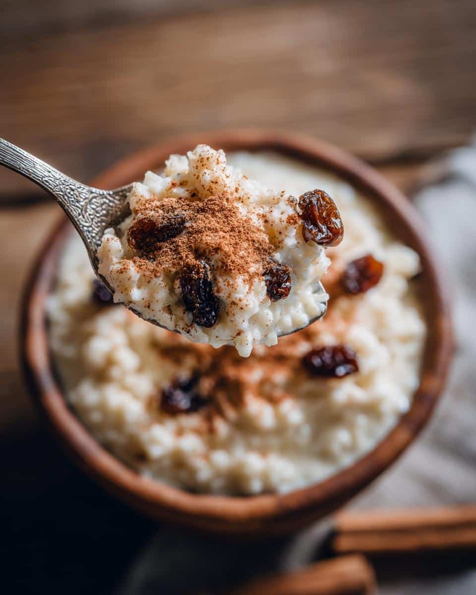 Mexican Rice Pudding Recipe Crockpot: Sinfully Easy 7 Spoonful of creamy Mexican rice pudding recipe crockpot with cinnamon and raisins, served from a wooden bowl.