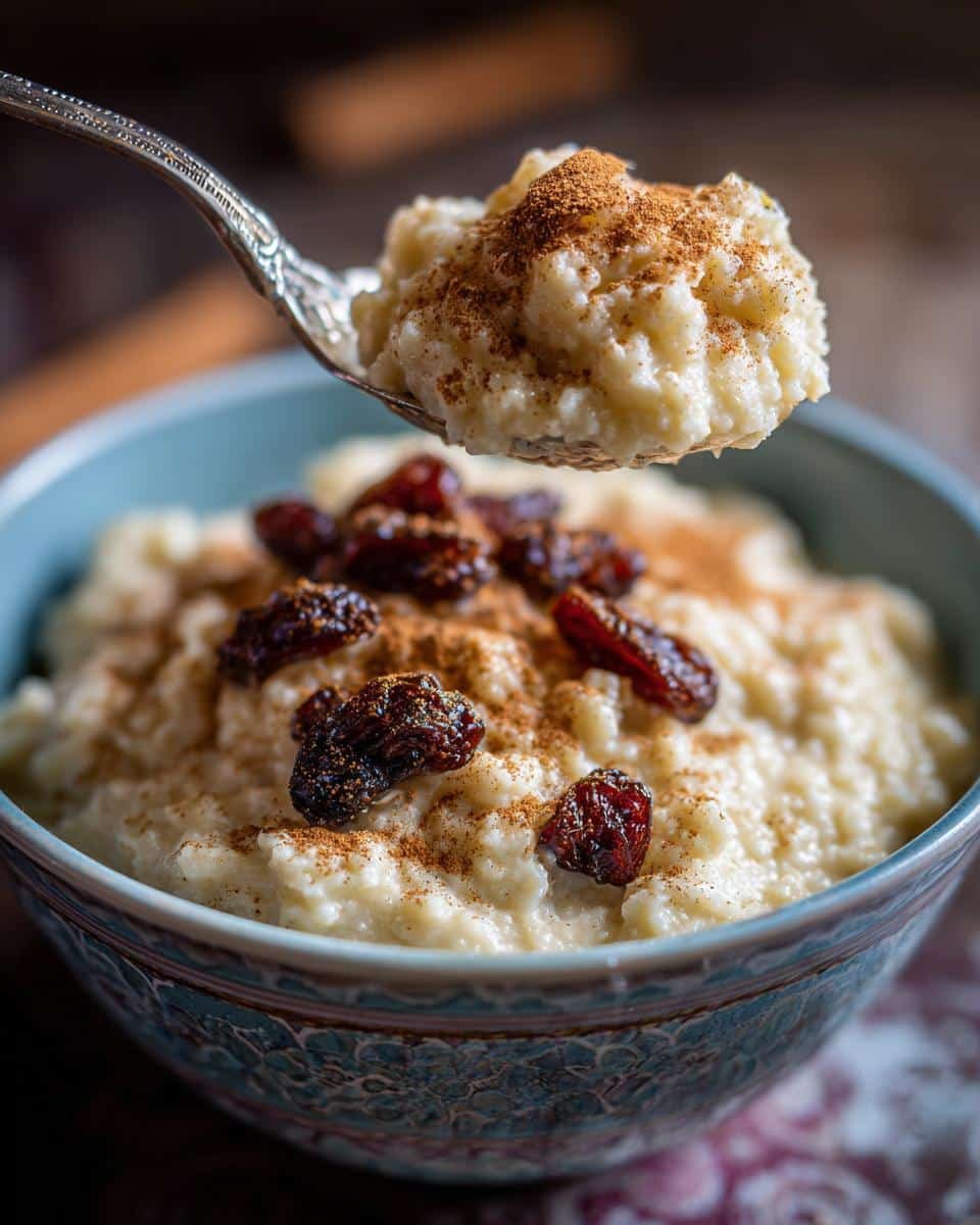 Mexican Rice Pudding Recipe Crockpot: Sinfully Easy 6 Creamy Mexican rice pudding recipe crockpot in a blue bowl, topped with raisins and cinnamon.