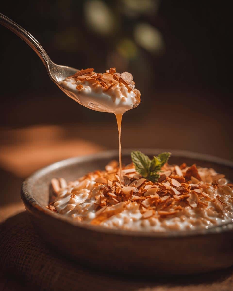 Mexican Rice Pudding Recipe Easy: Ditch the Sadness 9 A spoonful of Mexican rice pudding recipe easy, drizzled with caramel and topped with toasted almonds and a mint sprig.