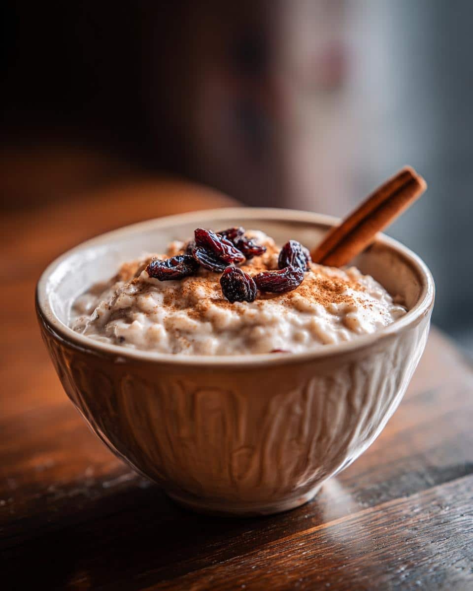 Mexican Rice Pudding Recipe: Deliciously Creamy 6 Bowl of creamy Mexican rice pudding recipe, topped with raisins and cinnamon, with a cinnamon stick.