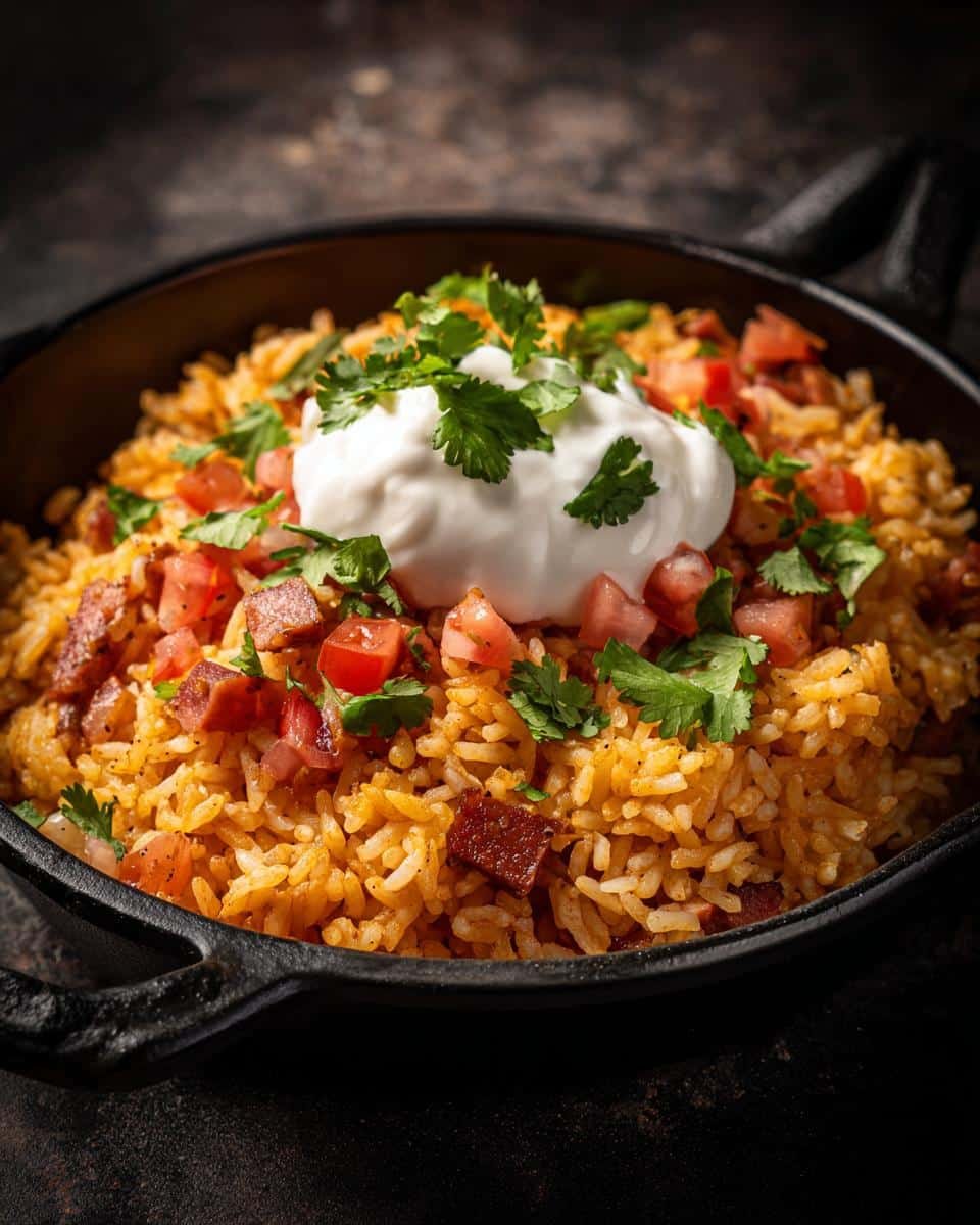 Mexican Rice Pudding Recipe Easy: Ditch the Sadness 7 Close-up of easy Mexican rice pudding recipe in a cast iron skillet, topped with cream, tomatoes, and cilantro.