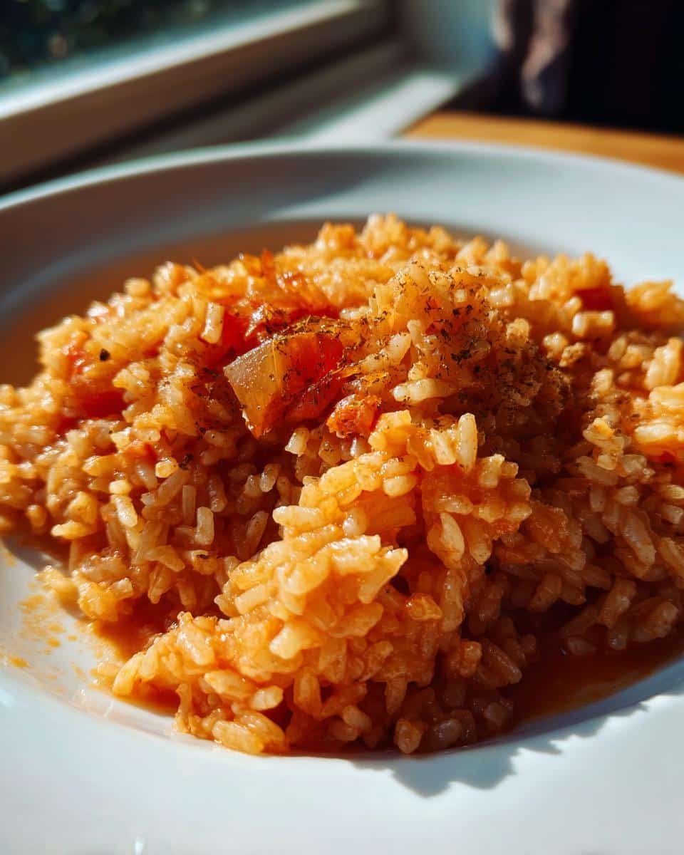 Mexican Rice Recipe Slow Cooker: Shockingly Simple 9 A serving of Mexican rice recipe slow cooker on a white plate, garnished with herbs and visible tomato chunks.