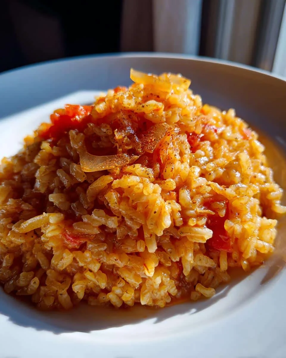 Mexican Rice Recipe Slow Cooker: Shockingly Simple 7 A serving of Mexican rice recipe slow cooker on a white plate, topped with onions and tomatoes.