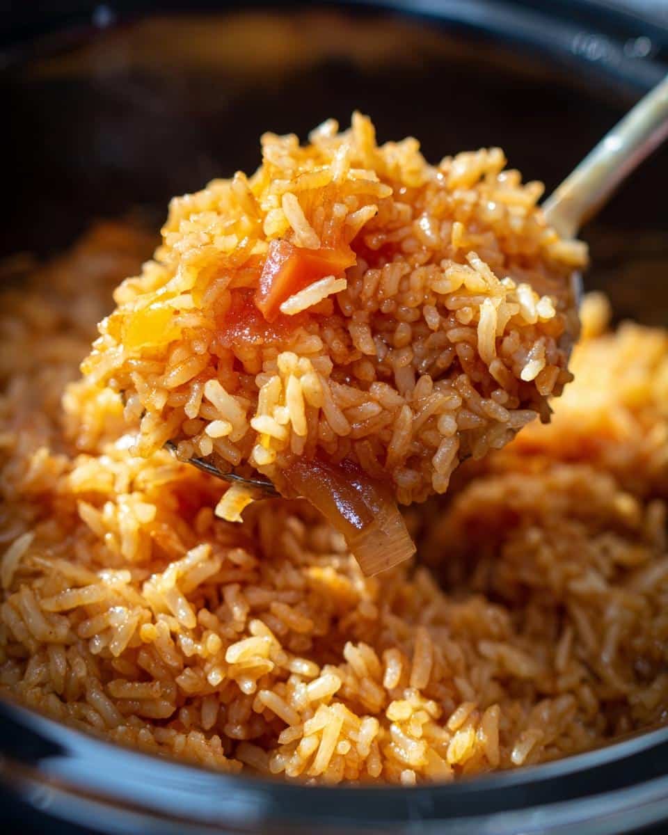 Mexican Rice Recipe Slow Cooker: Shockingly Simple 8 Close-up of a spoonful of Mexican rice recipe slow cooker, showing rice, tomatoes, and onions.