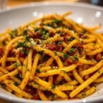 Close-up of pasta dish with bacon, parsley, and parmesan cheese.
