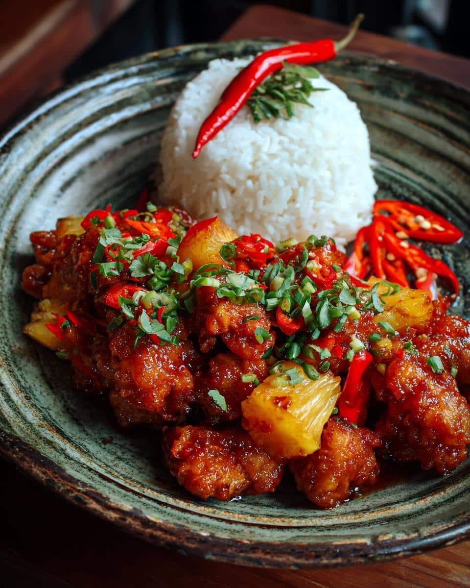 Hate Weeknights? Pineapple Chicken Rice Easy in 35 Min 8 Close-up of pineapple chicken rice easy recipe served in a bowl with chili peppers and herbs.