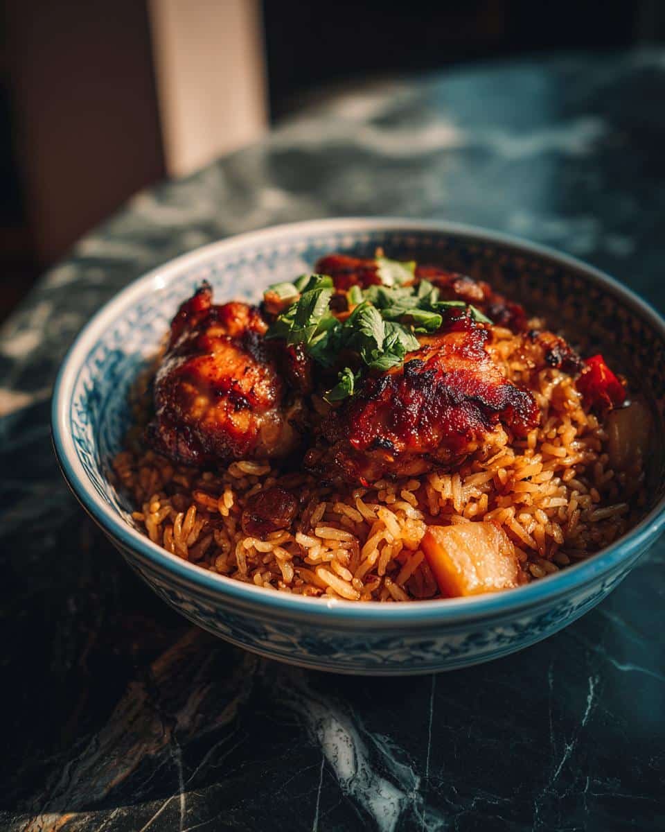 Hate Weeknights? Pineapple Chicken Rice Easy in 35 Min 9 A bowl of pineapple chicken rice easy recipe, topped with chicken and herbs, served in a blue patterned bowl.