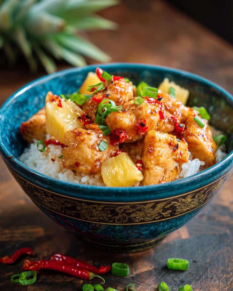 Hate Weeknights? Pineapple Chicken Rice Easy in 35 Min 7 Close-up of a bowl of pineapple chicken rice easy recipe, garnished with green onions and red pepper flakes.