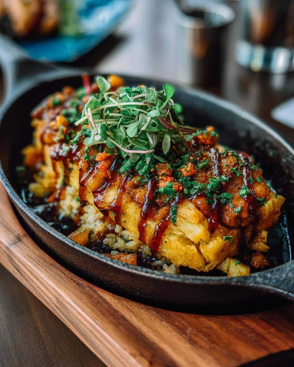 Hate Weeknights? Pineapple Chicken Rice Easy in 35 Min 6 Close-up of pineapple chicken rice easy recipe, served in a cast iron skillet with herbs and sauce.