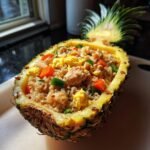 Pineapple fried rice served in a halved pineapple with chicken, carrots, eggs, and scallions.