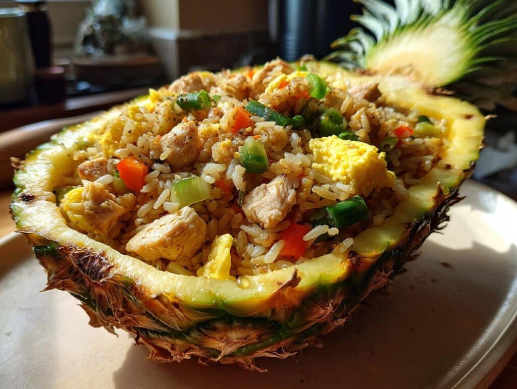 Pineapple fried rice served in a halved pineapple, featuring rice, chicken, vegetables, and egg.