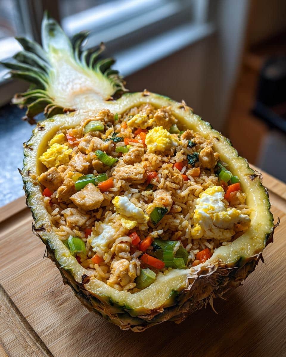 Foolproof Blueberry Protein Breakfast Muffins in 20 Mins 7 Pineapple fried rice served inside a carved pineapple, featuring rice, chicken, vegetables, and egg.