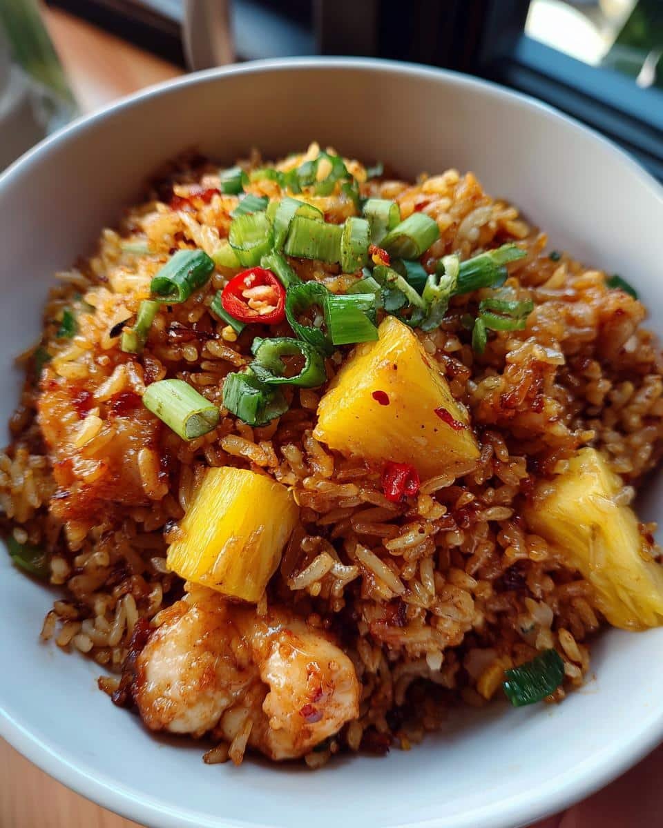 Devilish Blueberry Muffin Protein Bites in Just 10 Mins 9 Bowl of pineapple fried rice with shrimp, garnished with green onions and chili peppers.