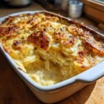 Close-up of a creamy baked potato casserole in a white dish, golden brown and topped with herbs.