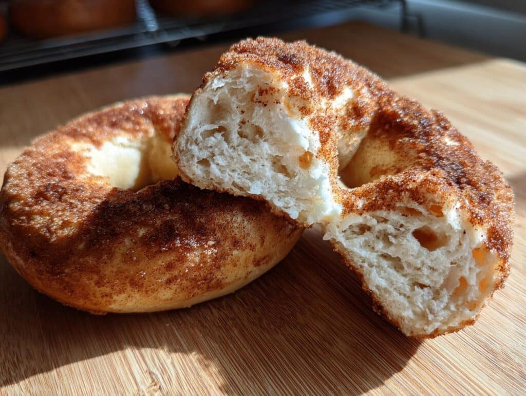 A protein bagel with greek yogurt cinnamon sugar, sliced open to show the inside texture.