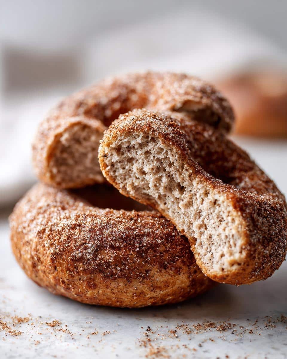 Protein Bagels: Deliciously Easy, Sadly Healthy 9 Close-up of protein bagels with greek yogurt cinnamon sugar, one bagel broken in half to show texture.