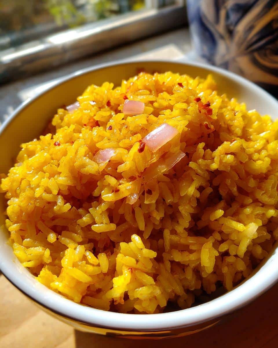 Delicious Protein Blueberry Breakfast Bake in Just 30 7 Close up of ingredients, not blueberry, for protein blueberry breakfast bake recipe. Yellow rice with onions.