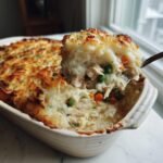 Close-up of a protein-rich chicken shepherd's pie with mashed potato topping, peas, and carrots.