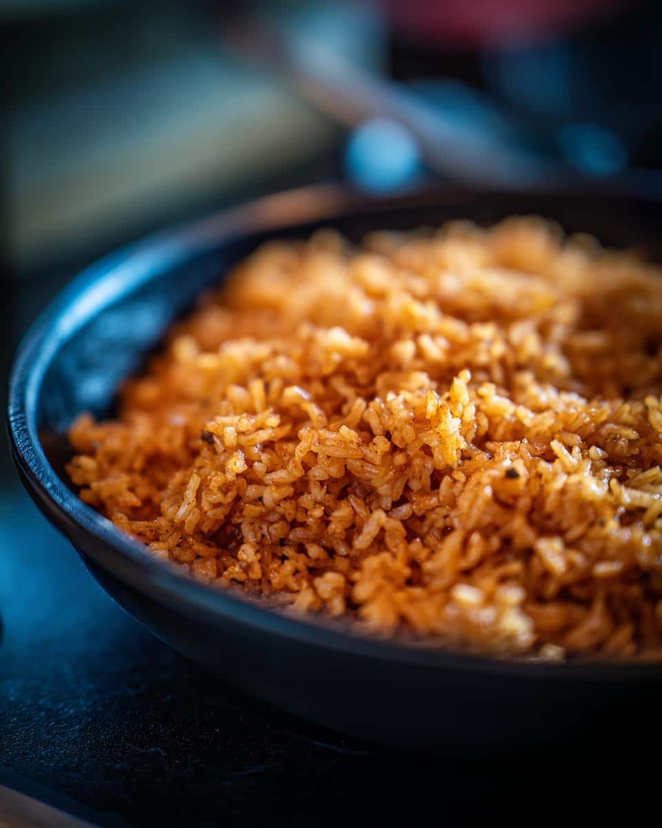 Restaurant Mexican Rice: 1 Secret for Amazing Taste 8 Close-up of authentic restaurant mexican rice recipe in a black bowl, showcasing its vibrant color and texture.