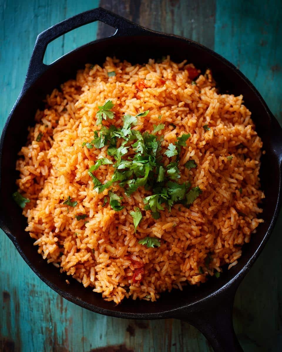 Restaurant Mexican Rice: 1 Secret for Amazing Taste 9 Overhead shot of a skillet filled with restaurant mexican rice recipe, garnished with fresh cilantro.