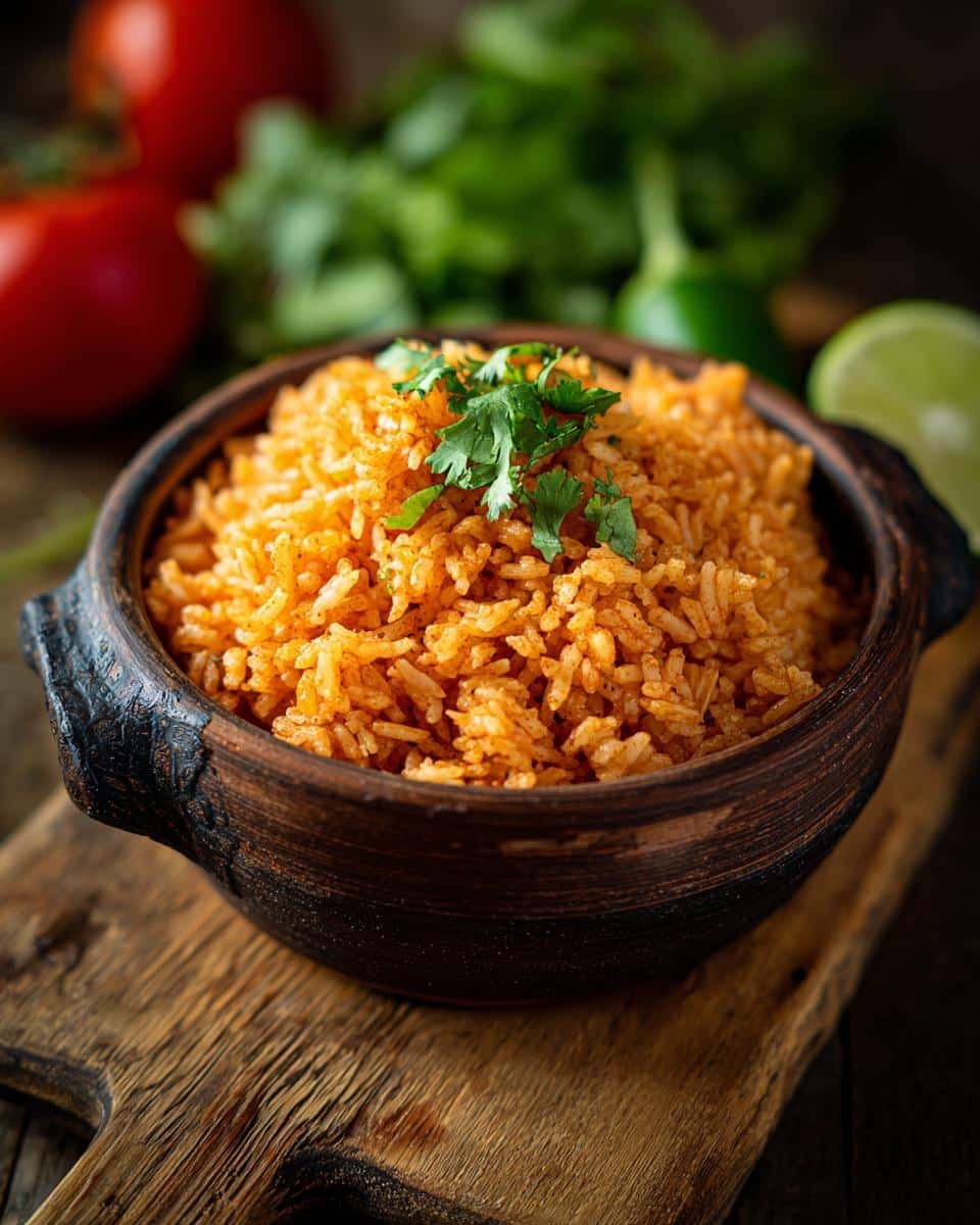 Restaurant Mexican Rice: 1 Secret for Amazing Taste 6 Bowl of authentic restaurant Mexican rice recipe, garnished with cilantro, next to tomatoes and lime.