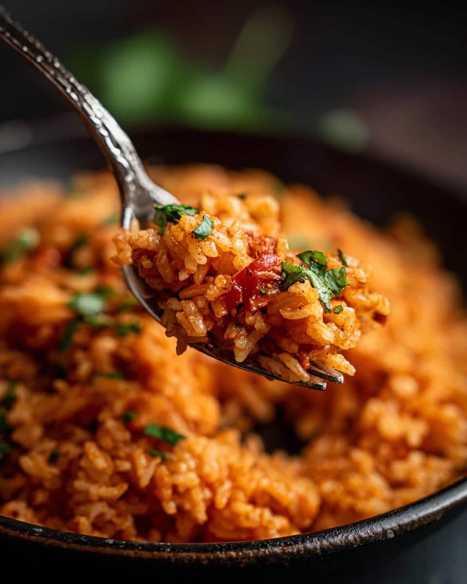 Restaurant Mexican Rice: 1 Secret for Amazing Taste 7 A spoonful of restaurant Mexican rice recipe, garnished with cilantro and tomatoes, ready to eat.
