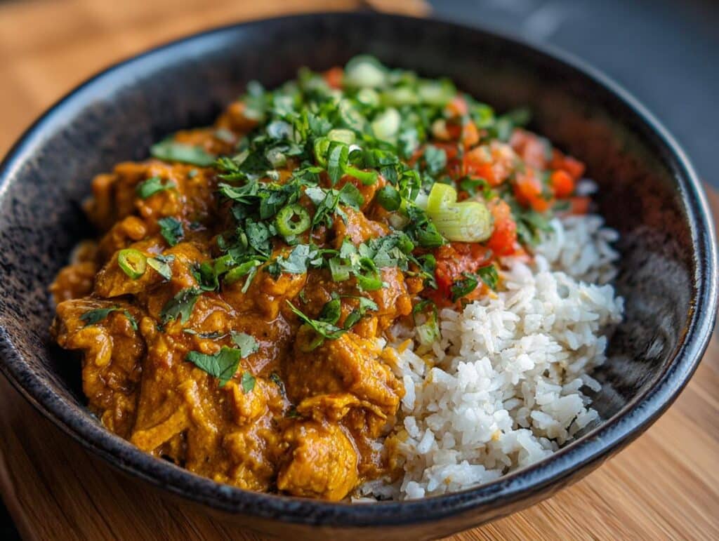 A vibrant rice bowls chicken Mexican dish with rice, chicken, tomatoes, and green onions in a dark bowl.