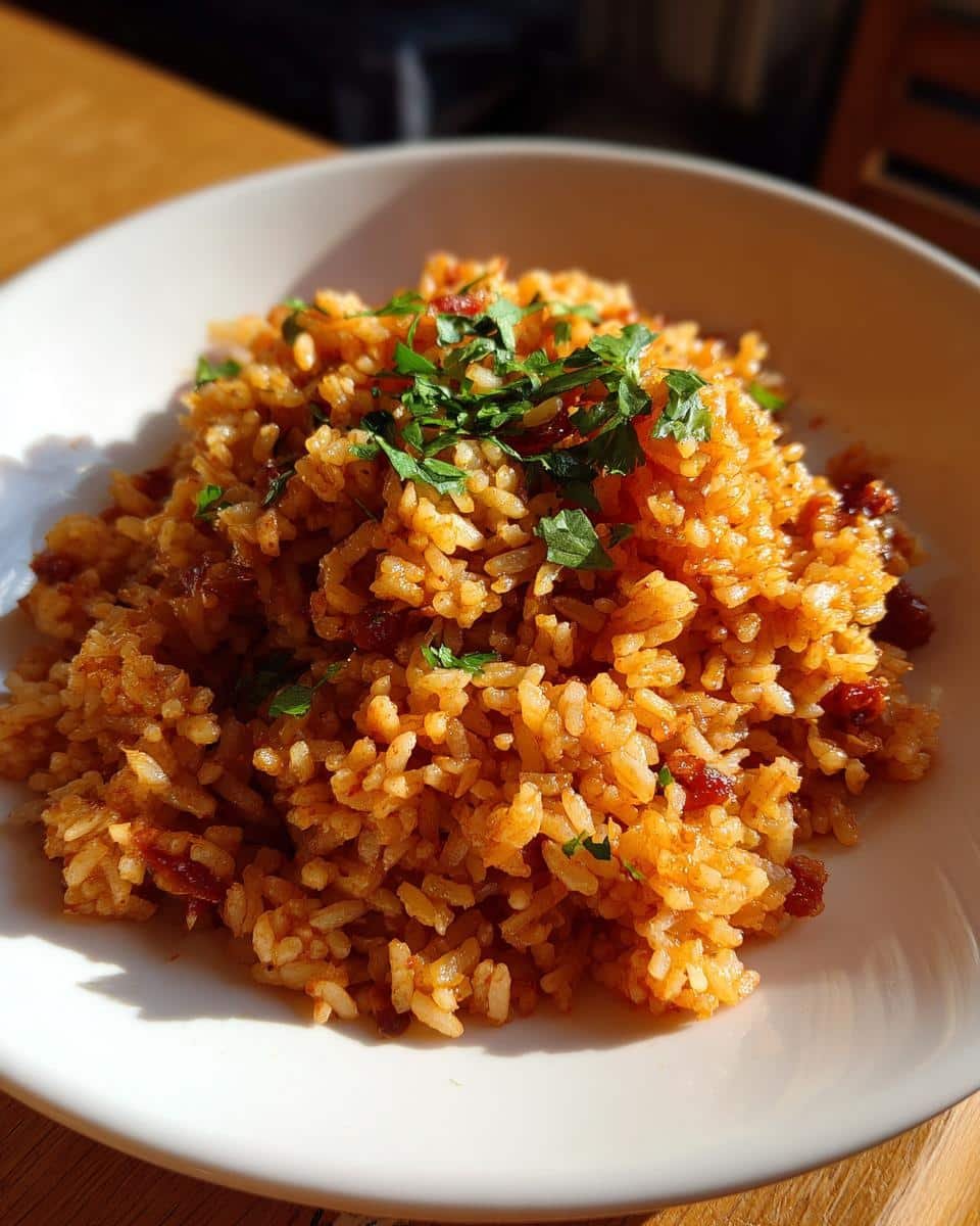 Delicious Rice Cooker Mexican Rice with Rotel in 25 Minutes 6 A bowl of rice cooker mexican rice with rotel, garnished with fresh parsley.