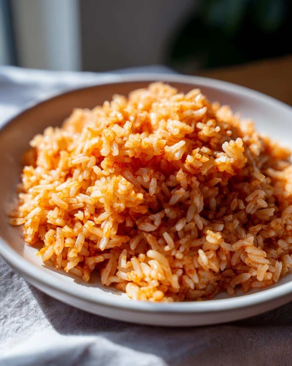 Delicious Rice Cooker Mexican Rice with Rotel in 25 Minutes 7 A serving of rice cooker Mexican rice with Rotel on a white plate, ready to eat.