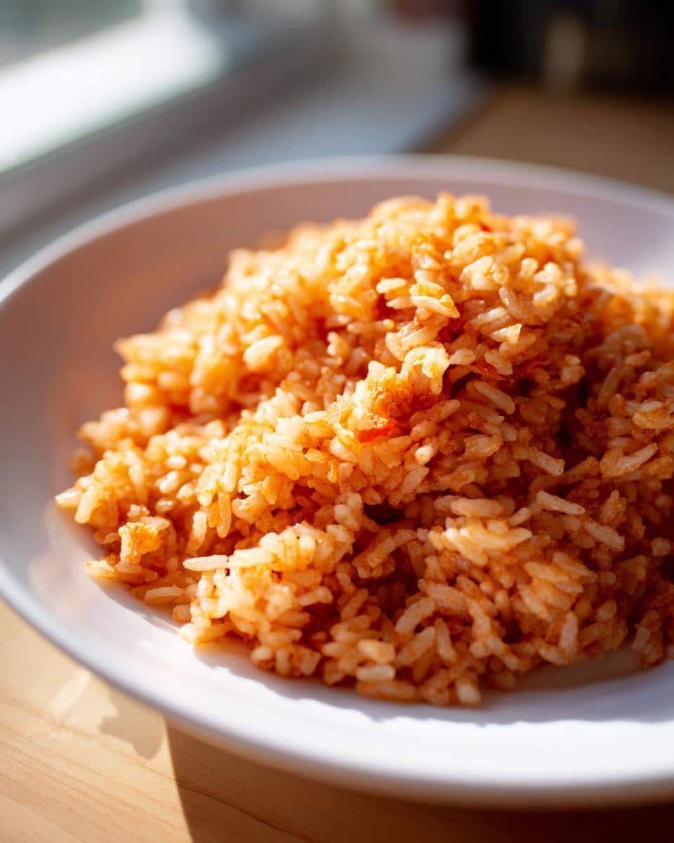Delicious Rice Cooker Mexican Rice with Rotel in 25 Minutes 8 A serving of rice cooker Mexican rice with Rotel on a white plate, showcasing its vibrant color and texture.