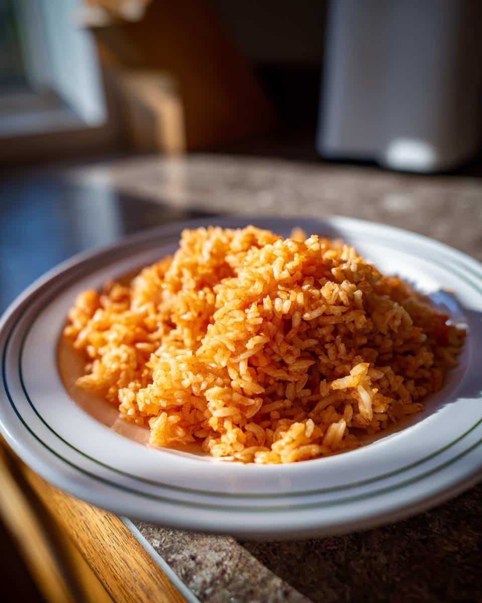 Delicious Rice Cooker Mexican Rice with Rotel in 25 Minutes 9 A plate of vibrant rice cooker Mexican rice with Rotel, ready to eat.