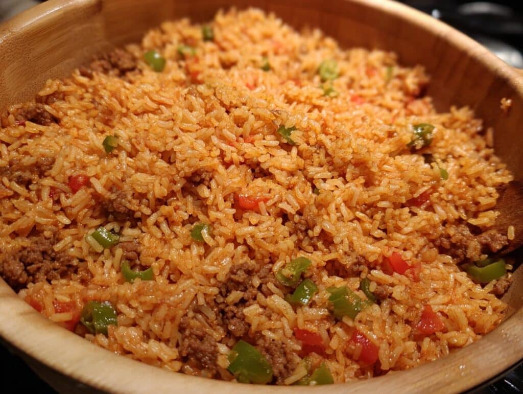 Close-up of rice with ground meat, tomatoes, and green peppers in a wooden bowl.