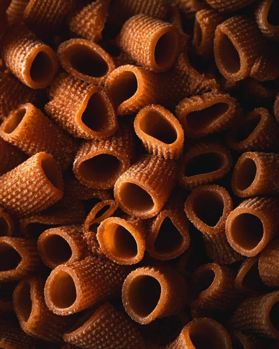 Delicious Blueberry Protein Breakfast Bake in 30 8 A close-up image showing a pile of uncooked rigatoni pasta. The pasta is ridged and tubular in shape.